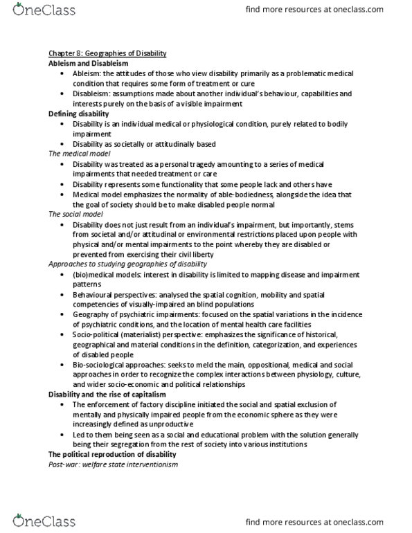 Geography 2410A/B Chapter Notes - Chapter 8: Ableism, Spatial Cognition, Medical Model thumbnail