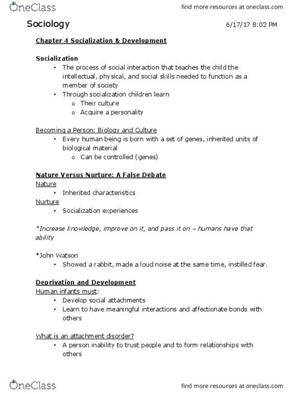 SOC 1001 Lecture Notes - Lecture 2: Attachment Disorder, Attachment Theory, Cognitive Development thumbnail