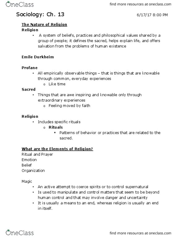 SOC 1001 Lecture Notes - Lecture 11: Émile Durkheim, Human Events, Theism thumbnail