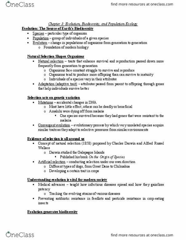 ENV 101 Chapter Notes - Chapter 3: Holocene Extinction, Allopatric Speciation, Population Ecology thumbnail