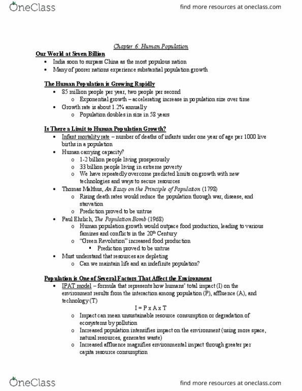 ENV 101 Chapter Notes - Chapter 6: Total Fertility Rate, The Population Bomb, Infant Mortality thumbnail