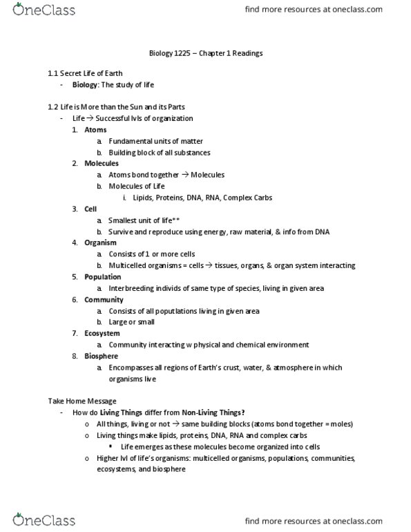 Biology 1225 Chapter Notes - Chapter 1: Carl Linnaeus, Archaea, Eukaryote thumbnail