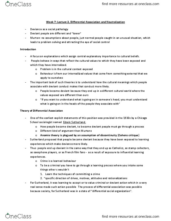 SOCY 275 Lecture Notes - Lecture 7: Edwin Sutherland, Stamp Collecting, Differential Association thumbnail