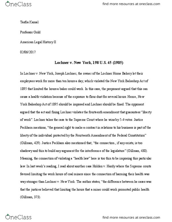 21:220:231 Lecture Notes - Lecture 5: Lochner V. New York thumbnail