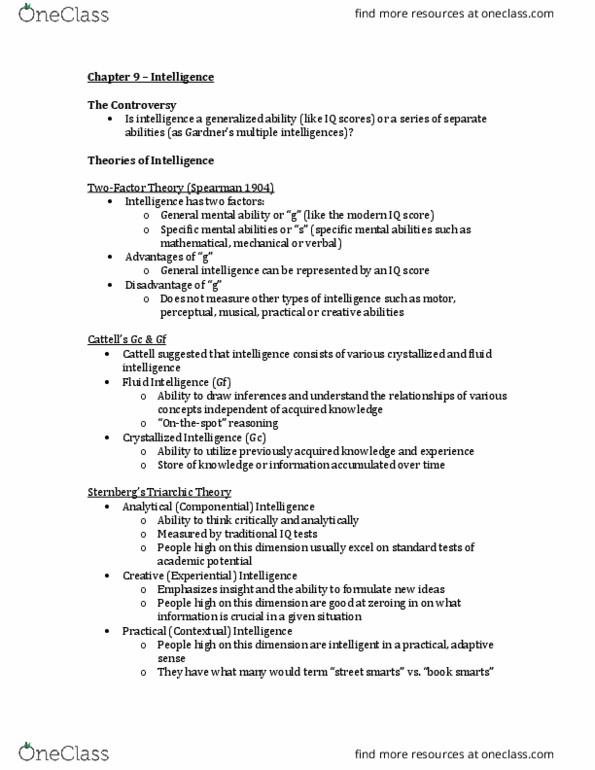 PSYC 1030H Lecture Notes - Lecture 1: Fluid And Crystallized Intelligence, Theory Of Multiple Intelligences, Heritability thumbnail