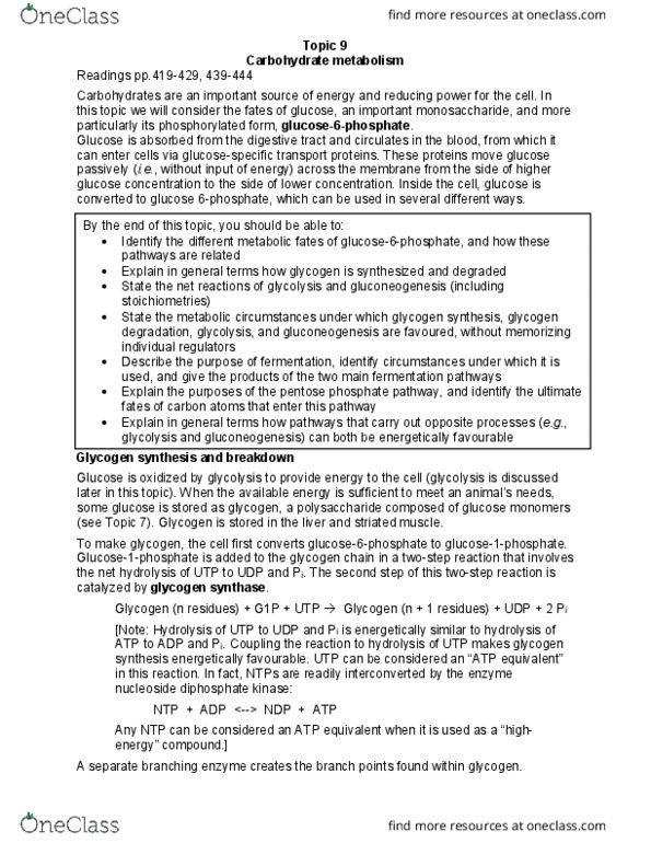 Biochemistry 2288A Chapter Notes - Chapter 9: Triosephosphate Isomerase, Glycogen Phosphorylase, Pentose Phosphate Pathway thumbnail