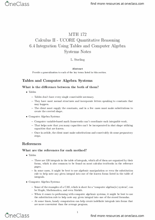 MTH 172 Lecture 12: 6.4 Integration Using Tables and Computer Algebra Systems Notes thumbnail