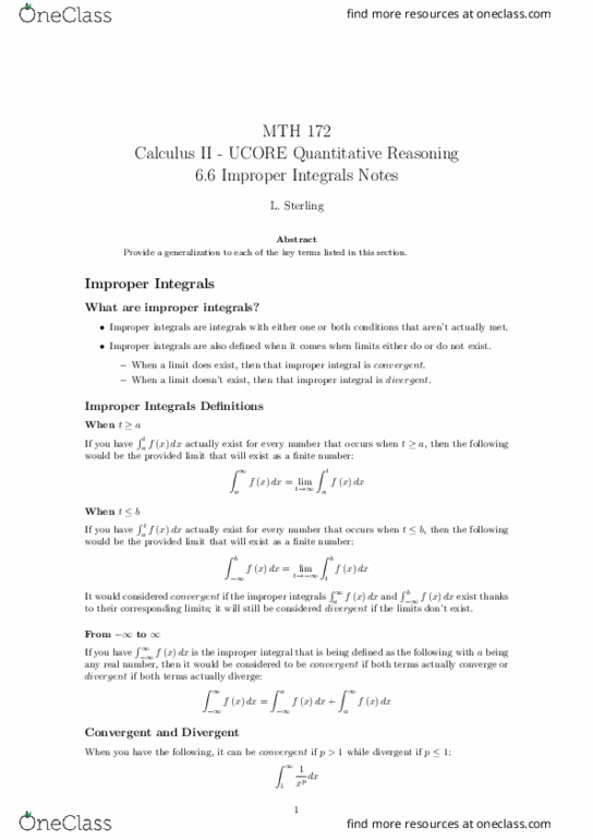 MTH 172 Lecture Notes - Lecture 14: Improper Integral thumbnail