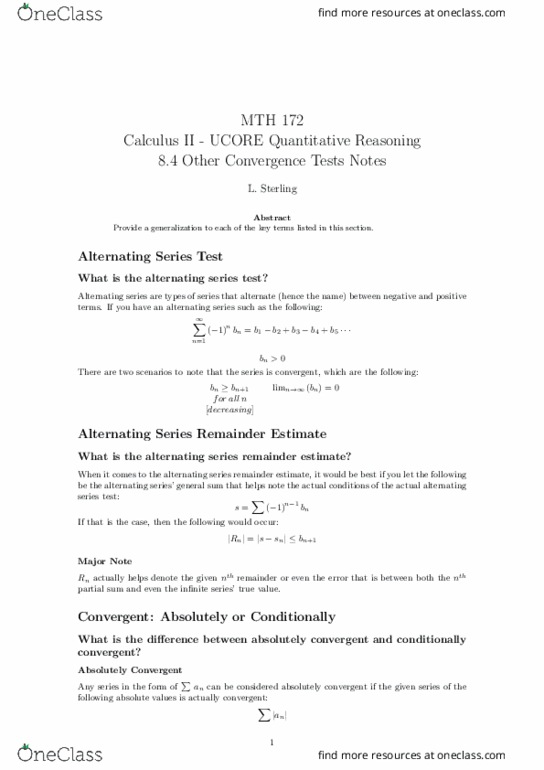 MTH 172 Lecture Notes - Lecture 21: Alternating Series Test, Alternating Series, Conditional Convergence thumbnail
