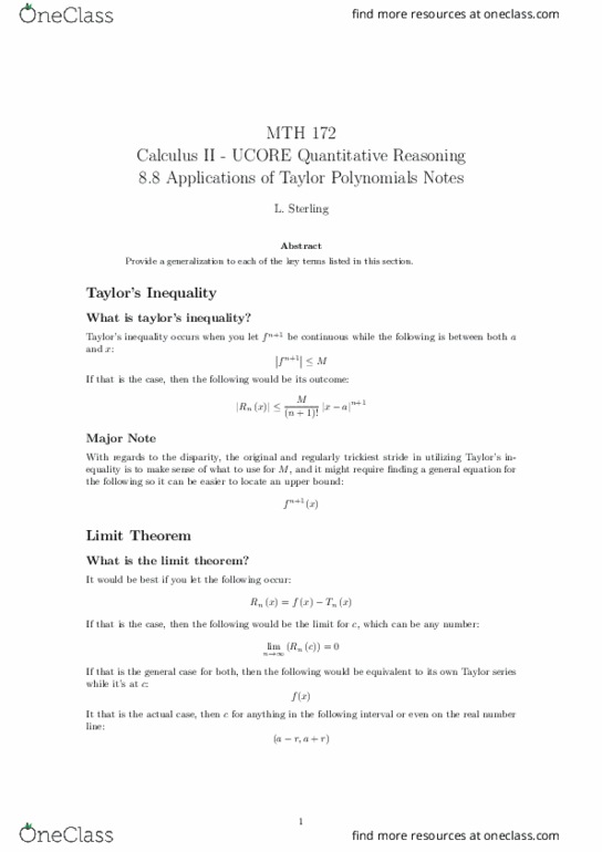 MTH 172 Lecture 25: 8.8 Applications of Taylor Polynomials Notes thumbnail