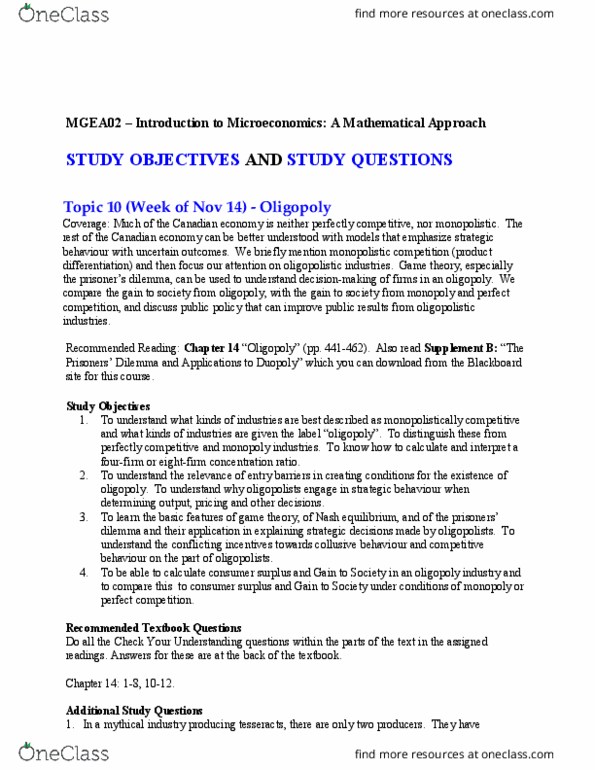 MGEA06H3 Lecture Notes - Lecture 10: Monopolistic Competition, Oligopoly, Nash Equilibrium thumbnail