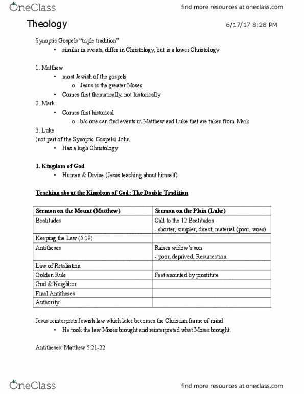 THE 1000C Lecture Notes - Lecture 5: Synoptic Gospels, Beatitudes, Easter Vigil thumbnail