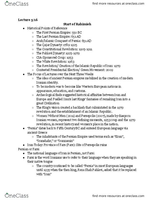 HUMAN 1C Lecture Notes - Lecture 13: Reza Shah, Pahlavi Dynasty, Persian Language thumbnail