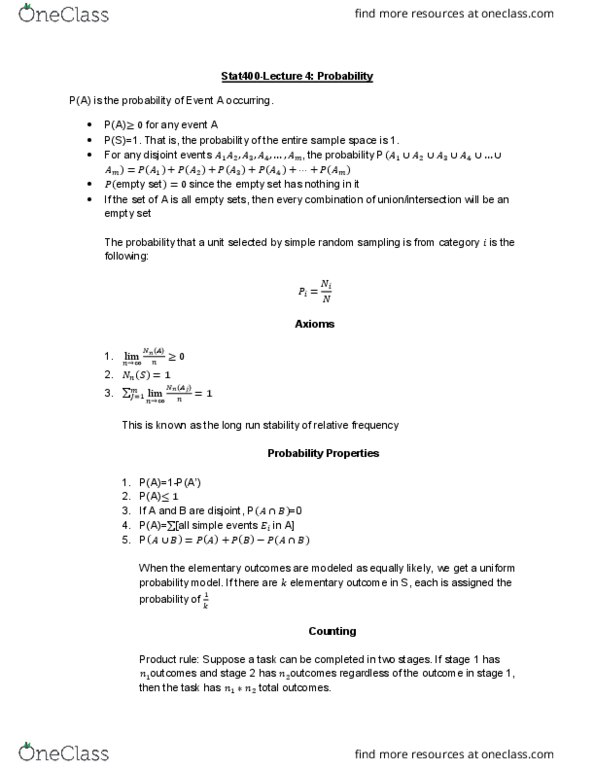 STAT 400 Lecture Notes - Lecture 4: Simple Random Sample, Empty Set, Product Rule thumbnail