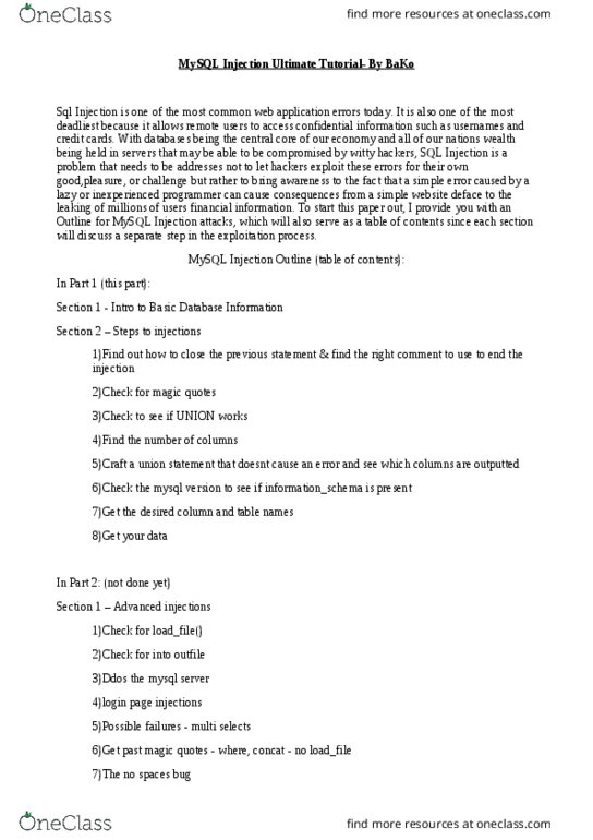 ARTS 103 Lecture Notes - Lecture 19: Microsoft Sql Server, Sql Injection, Database Server thumbnail