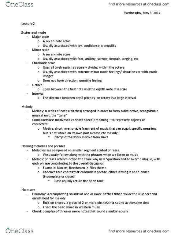 MUS 2310 Lecture Notes - Lecture 2: Chromatic Scale, Minor Scale, Eighth Note thumbnail