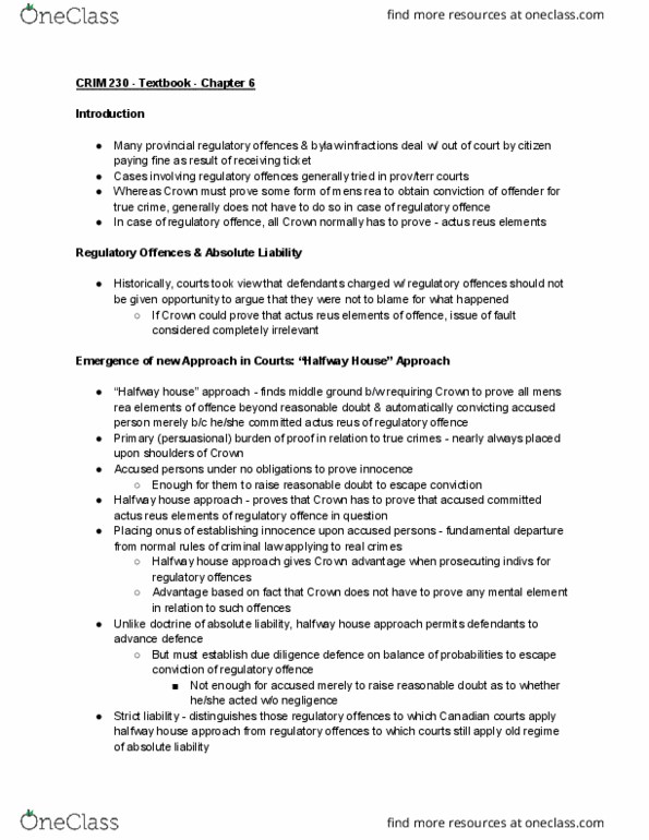 CRIM 230 Chapter Notes - Chapter 6: Actus Reus, Regulatory Offence, Halfway House thumbnail