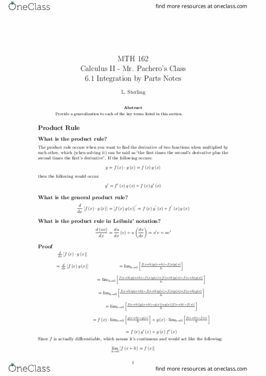 MTH 162 Lecture Notes - Lecture 9: Product Rule, Scilab thumbnail