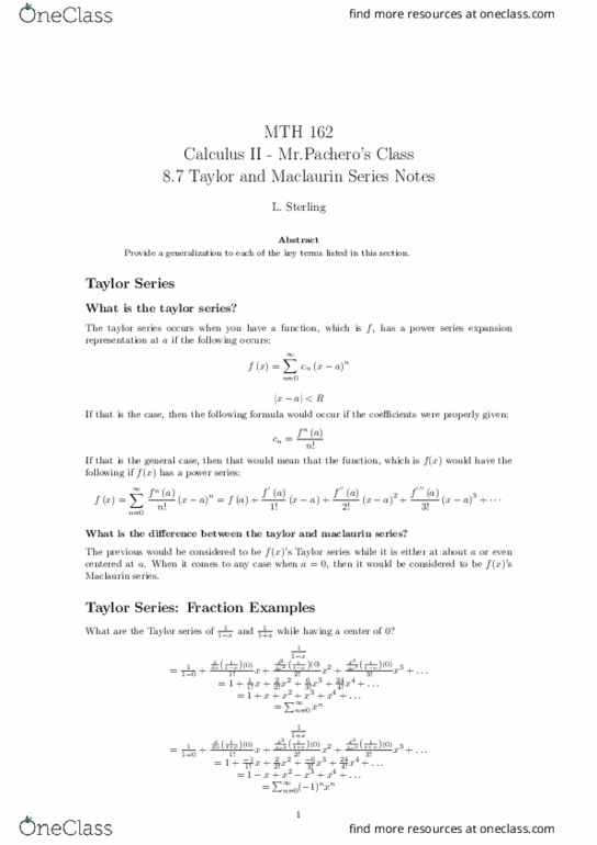 MTH 162 Lecture 24: 8.7 Taylor and Maclaurin Series Notes thumbnail