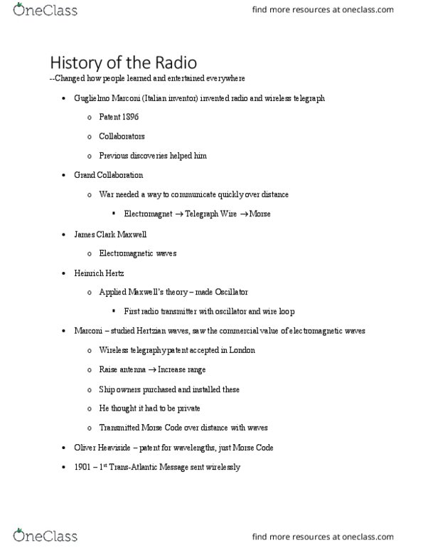 MDIA 2000 Lecture Notes - Lecture 14: Reginald Fessenden, Wireless Telegraphy, Heinrich Hertz thumbnail