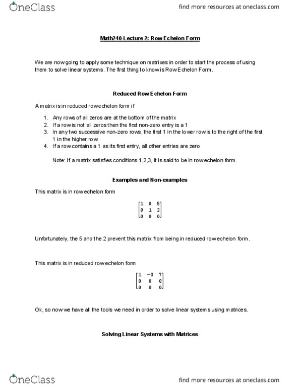 MATH 240 Lecture Notes - Lecture 2: Row Echelon Form, Gaussian Elimination, Augmented Matrix thumbnail