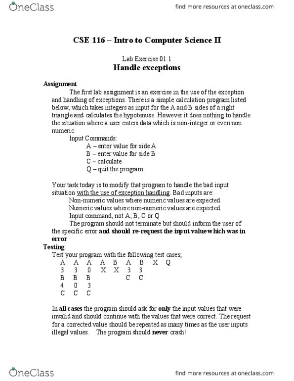 CSE 116 Lecture Notes - Lecture 1: Exception Handling, Hypotenuse, Quadratic Equation thumbnail