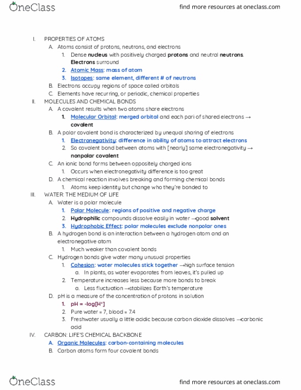 BIOL 14a Chapter Notes - Chapter 2: Hydrogen Bond, Chemical Polarity, Ionic Bonding thumbnail