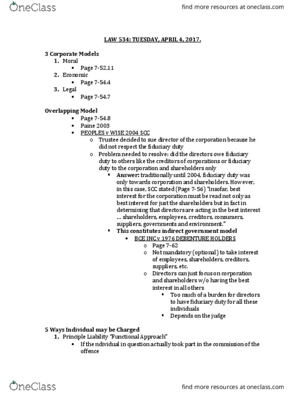LAW 534 Lecture Notes - Lecture 9: Fiduciary, Regulatory Offence, Mens Rea thumbnail