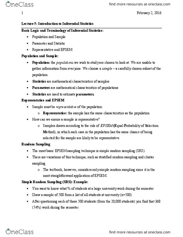 PO218 Lecture Notes - Lecture 5: Simple Random Sample, Statistical Inference, Cluster Sampling thumbnail