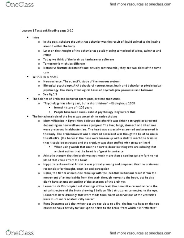 PSY290H5 Chapter Notes - Chapter 1: Behavioral Neuroscience, Ontogeny, Hebbian Theory thumbnail