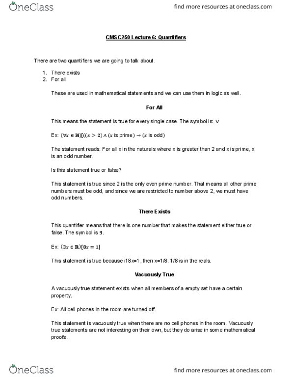 CMSC 250 Lecture Notes - Lecture 5: Vacuous Truth, Prime Number, Empty Set thumbnail