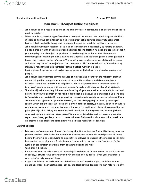 SOSC 3370 Lecture Notes - Lecture 4: Jeremy Bentham, Original Position, Fundamental Justice thumbnail
