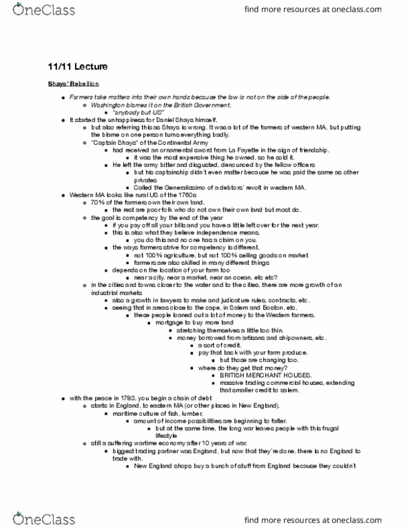 HIST 350 Lecture Notes - Lecture 13: Daniel Shays, Noah Webster, Legal Tender thumbnail
