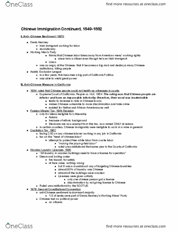 HIST 264 Lecture Notes - Lecture 12: Asiatic Exclusion League, Denis Kearney, Second Constitutional Convention Of The United States thumbnail