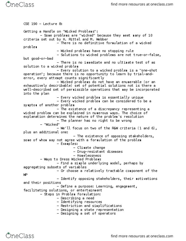 CSE 190 Lecture Notes - Lecture 8: Wicked Problem, Stopping Time thumbnail