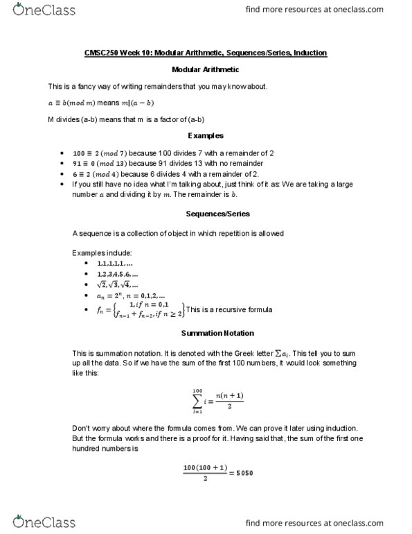 CMSC 250 Lecture Notes - Lecture 10: Modular Arithmetic, Mathematical Induction thumbnail