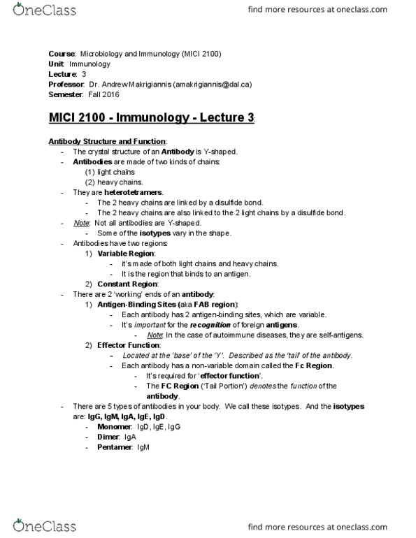 MICI 2100 Lecture Notes - Lecture 10: Disulfide, Fragment Antigen-Binding, Choir Of Young Believers thumbnail