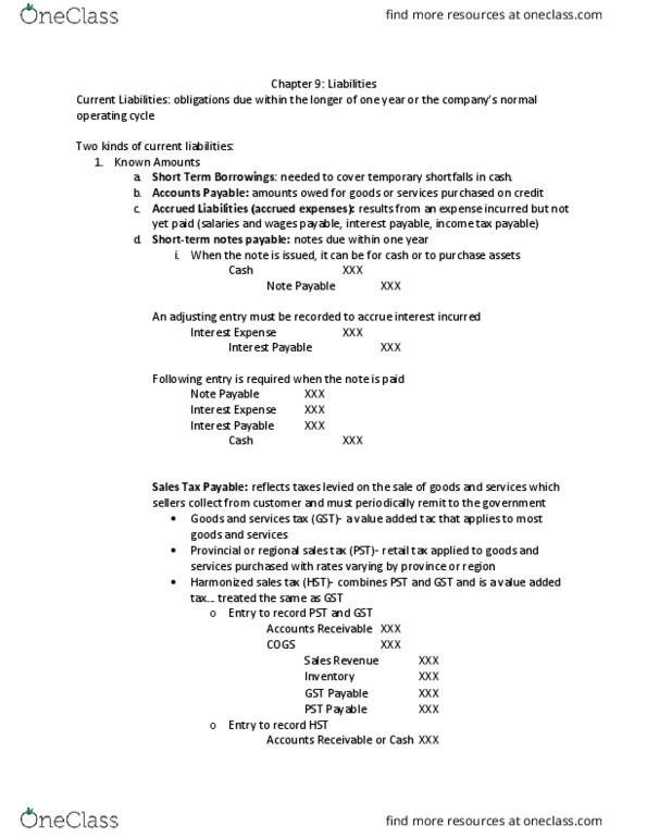 COMMERCE 1AA3 Chapter Notes - Chapter 9: Harmonized Sales Tax, Contingent Liability, Promissory Note thumbnail