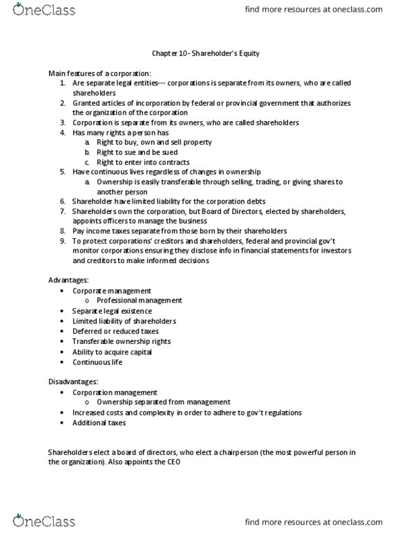 COMMERCE 1AA3 Chapter Notes - Chapter 10: Retained Earnings, Share Capital, Common Stock thumbnail