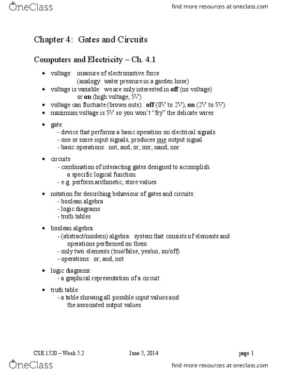 EECS 1520 Lecture Notes - Lecture 5: Nand Gate, Electromotive Force, Exclusive Or thumbnail