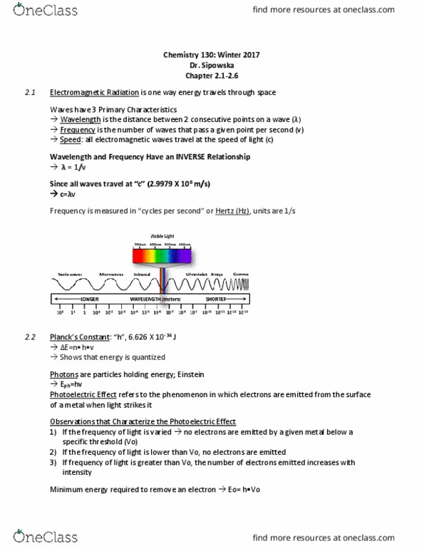 CHEM 130 Chapter Notes - Chapter 2.1-2.6: Niels Bohr, Diffraction, Emission Spectrum thumbnail