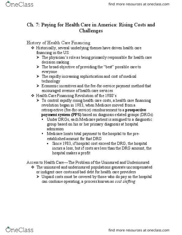 NUR 4837 Chapter Notes - Chapter 7: Centers For Medicare And Medicaid Services, Prospective Payment System, Underinsured thumbnail