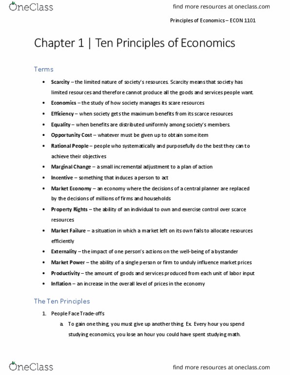 ECON 1101 Chapter Notes - Chapter 1: Marginal Utility, Marginal Cost, Opportunity Cost thumbnail