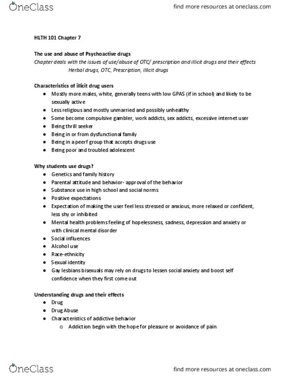 HLTH 101 Chapter Notes - Chapter 7: Drug User, Depressant, Transdermal Patch thumbnail