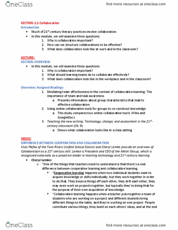 EDUC 30 Lecture Notes - Lecture 4: Twin Rivers Unified School District, Mediawiki, Collaborative Learning thumbnail