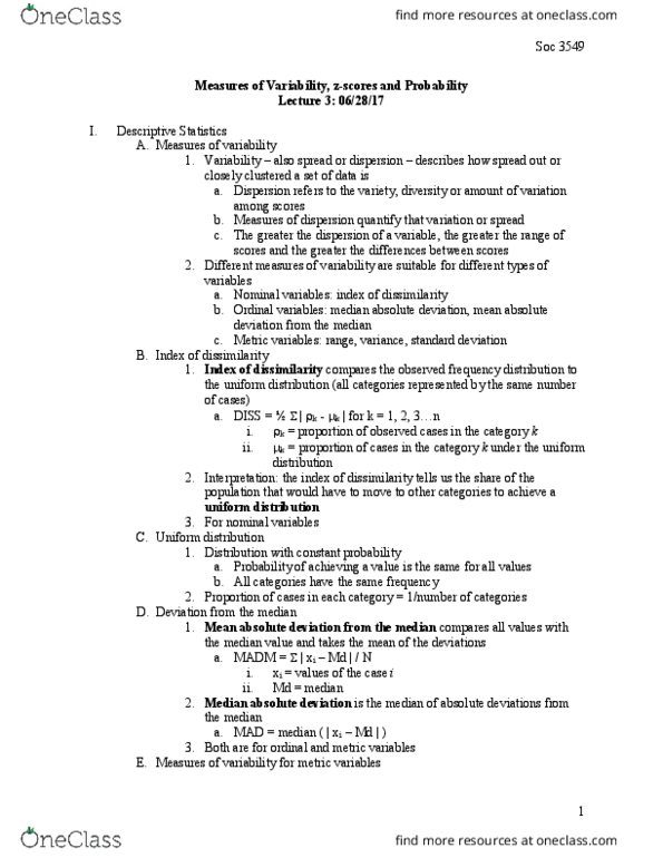 SOCIOL 3549 Lecture Notes - Lecture 3: Median Absolute Deviation, Average Absolute Deviation, Squared Deviations From The Mean thumbnail