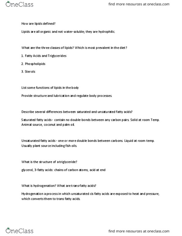 HUN 2000L Lecture Notes - Lecture 5: Lipid Bilayer, Digestion, Hydrogenation thumbnail