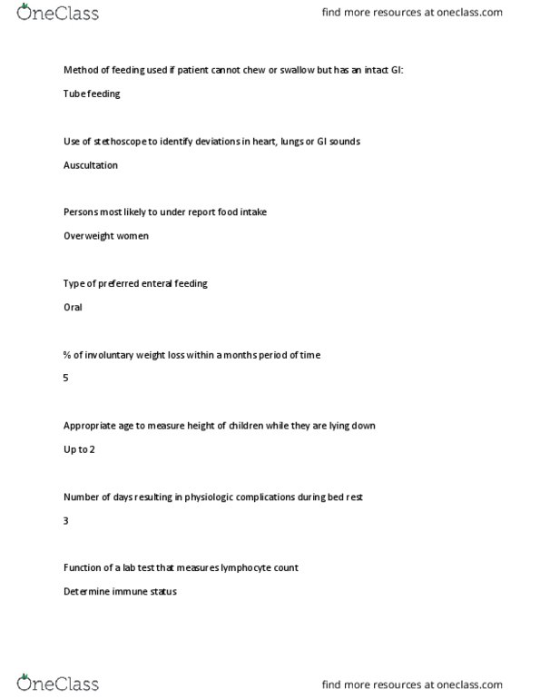 HUN 2000L Lecture Notes - Lecture 16: Apple Juice, Lymphocyte, Feeding Tube thumbnail