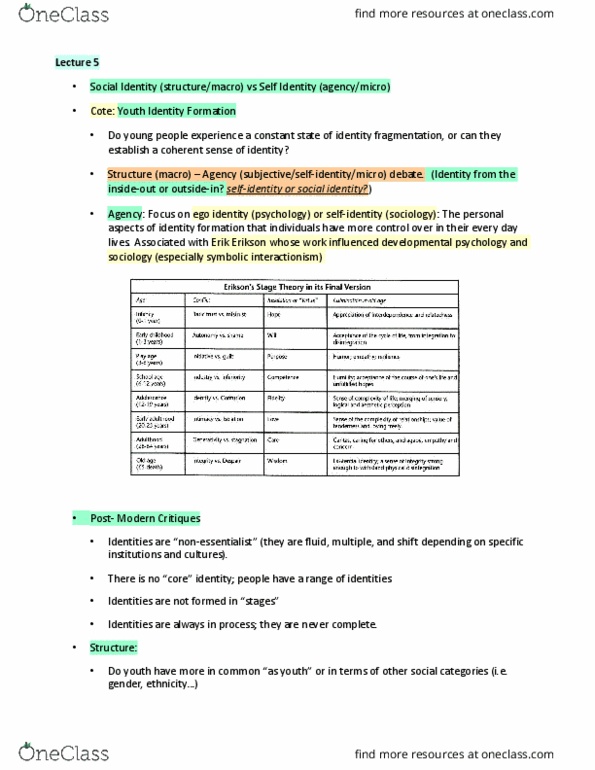 SOCC45H3 Lecture Notes - Lecture 5: Erik Erikson, Intersectionality, Symbolic Interactionism thumbnail