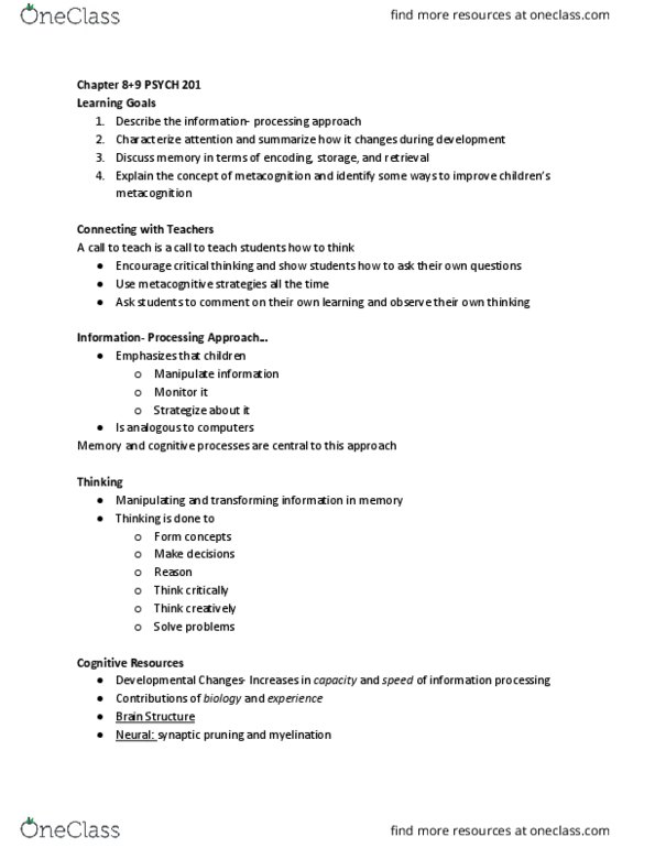 PSYC 201 Chapter Notes - Chapter 8-9: Synaptic Pruning, Metacognition, Executive Functions thumbnail